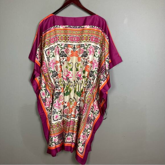 Josie Natori Kaftan dress tunic L / XL silk pattern luxury butterfly pink Asian - Picture 9 of 12